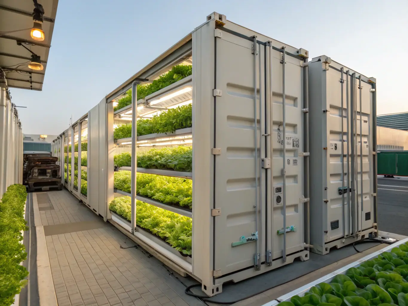 A lush agricultural field with shipping containers converted into vertical farming units, demonstrating innovative container applications in agriculture.