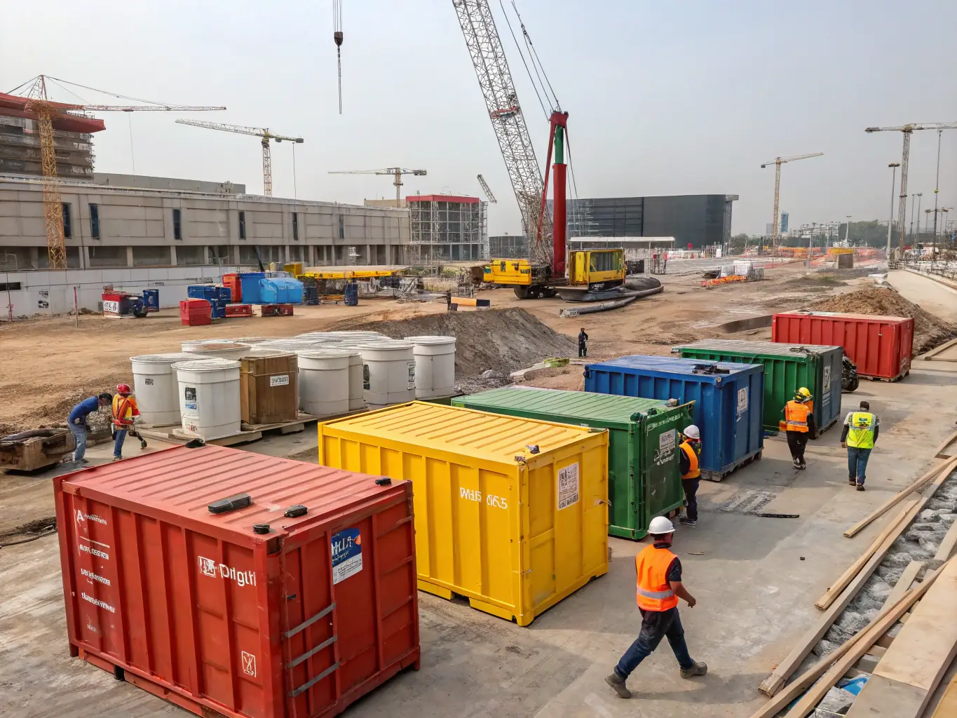 A construction site with shipping containers used as temporary offices and storage units, showcasing the durability and portability of container solutions in the construction industry.