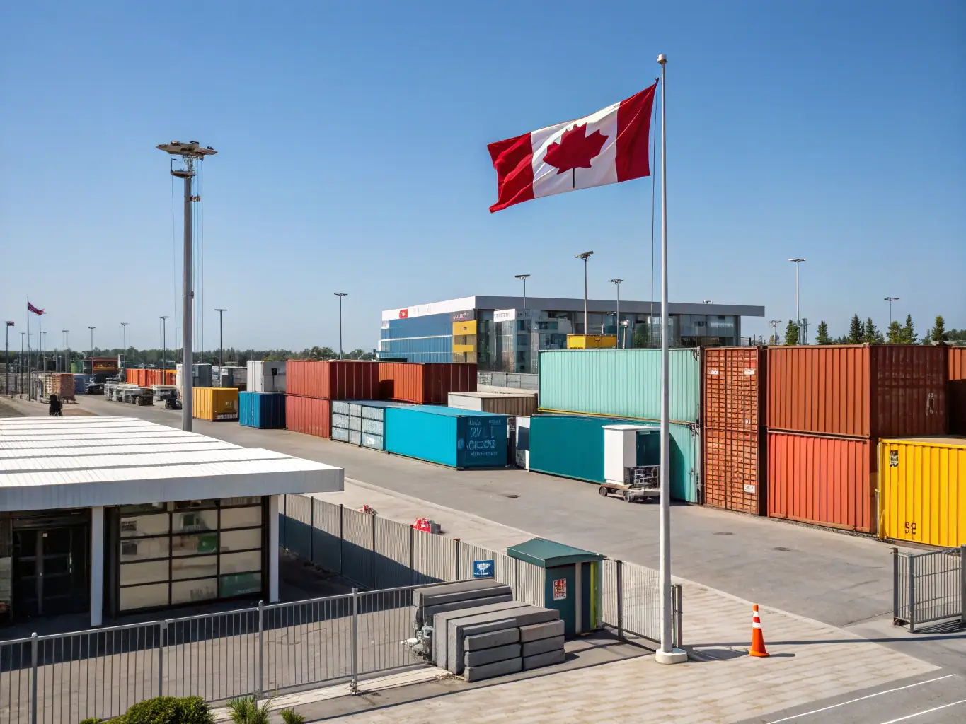 A stack of various sized shipping containers in a depot, ready for leasing, under a clear blue sky.